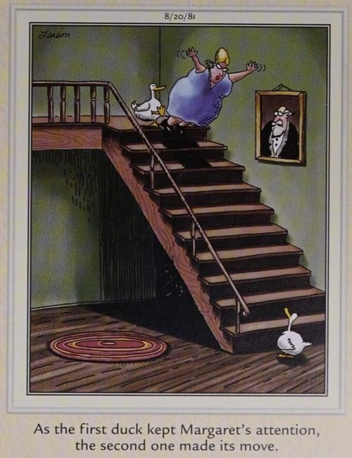 A duck pushes a woman down stairs while another duck looks on.