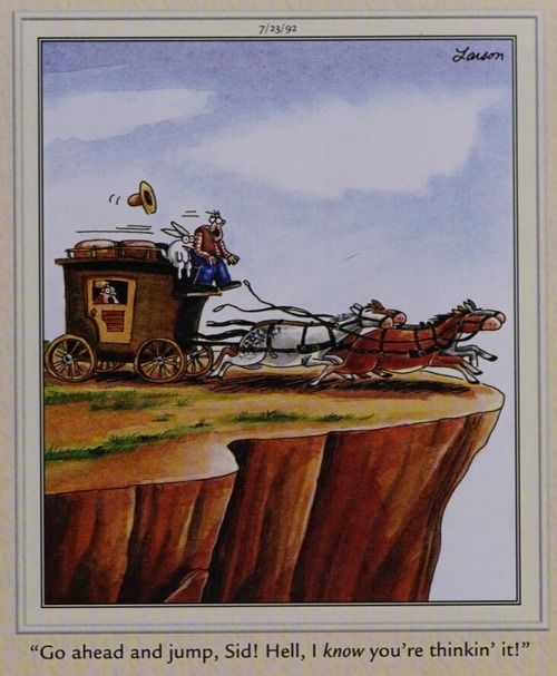 A wagon and horses heads toward a cliff.