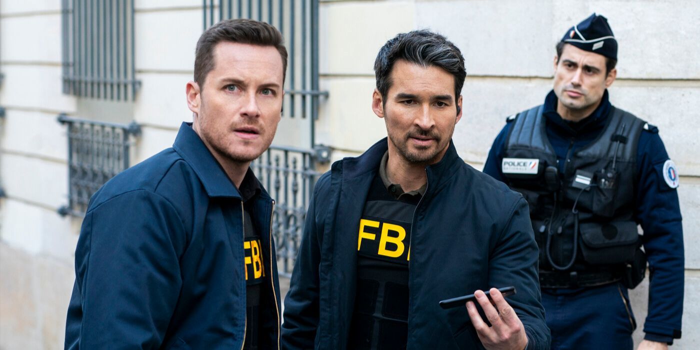Wes (Jesse Lee Soffer) and Tyler (Jay Hayden) outside with a French policeman in FBI: International