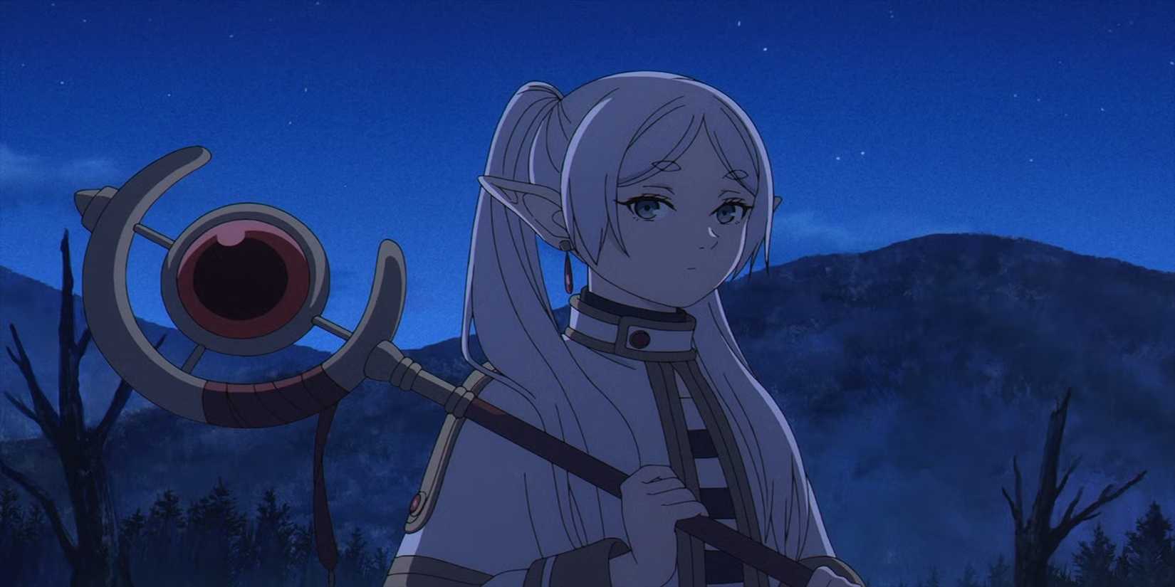 Frieren holds her staff and looks forlorn at night in the Frieren: Beyond Journey's End anime.
