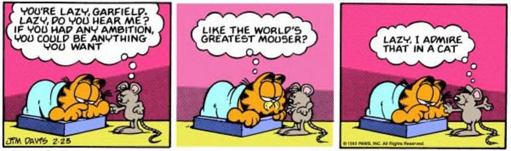 Um rato comenta a preguiça de Garfield.