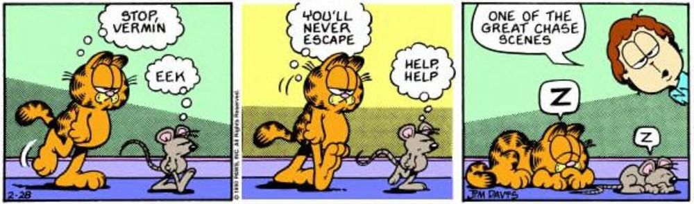 Jon percebe que Garfield e Squeak adormeceram no meio da perseguição.