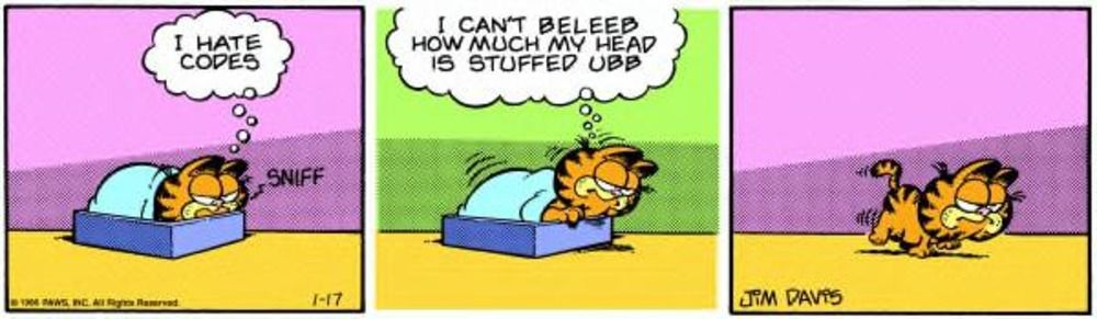 Garfield tem um resfriado e uma cabeça grande.