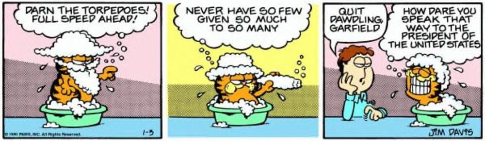 Garfield brinca com bolhas de sabão em um banho.