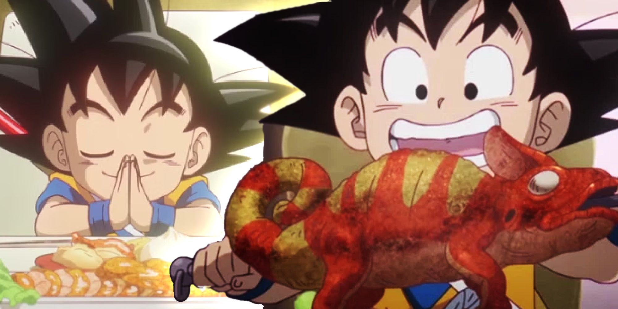 Goku praying over food and eating giant lizard in Dragon Ball DAIMA
