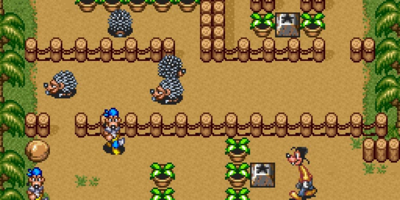 Pateta navegando em um nível de selva em Goof Troop.