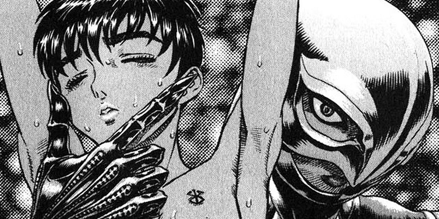 Griffith toca o rosto de Casca com os dedos em Berserk