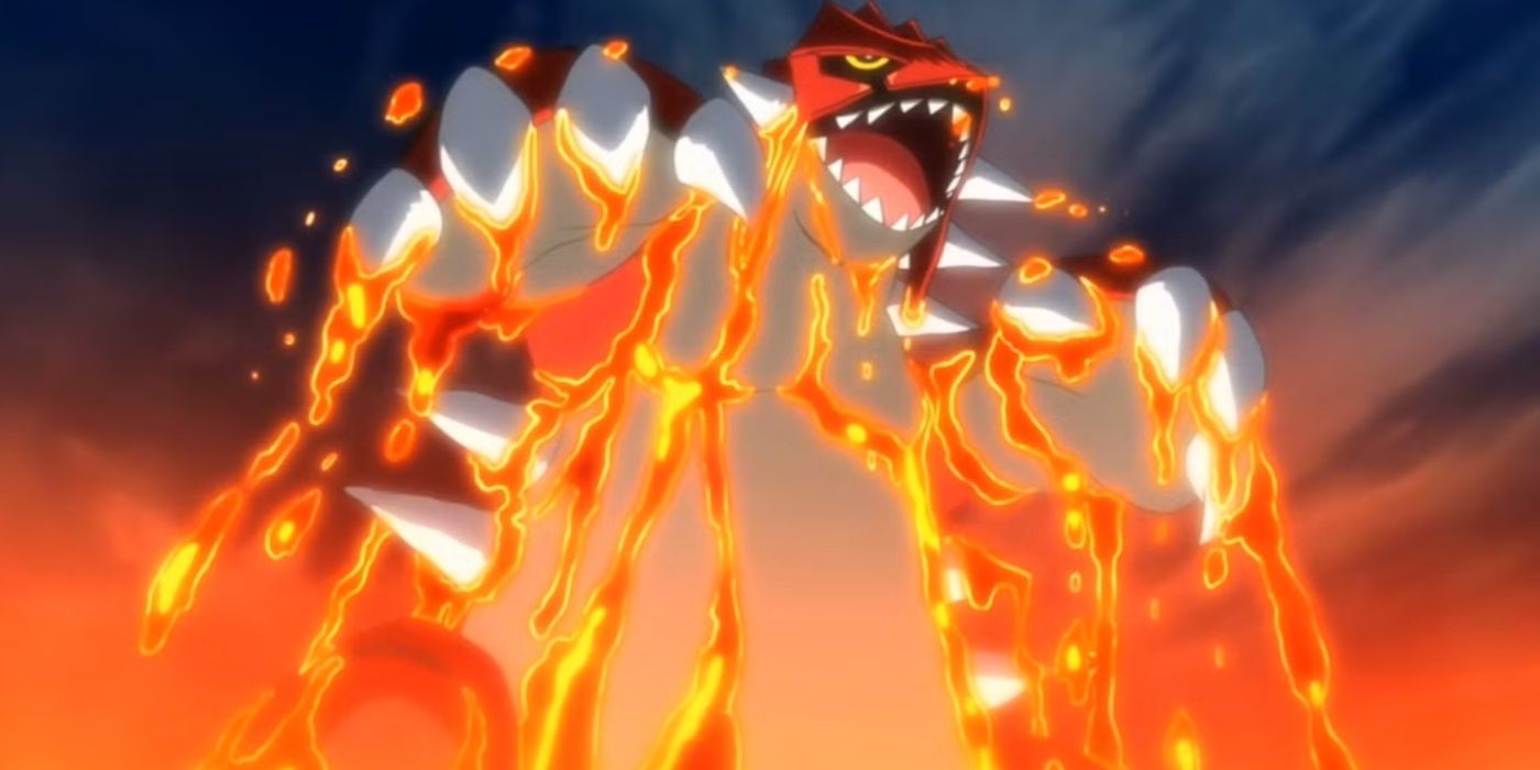 Groudon ruge ao sair do magma.