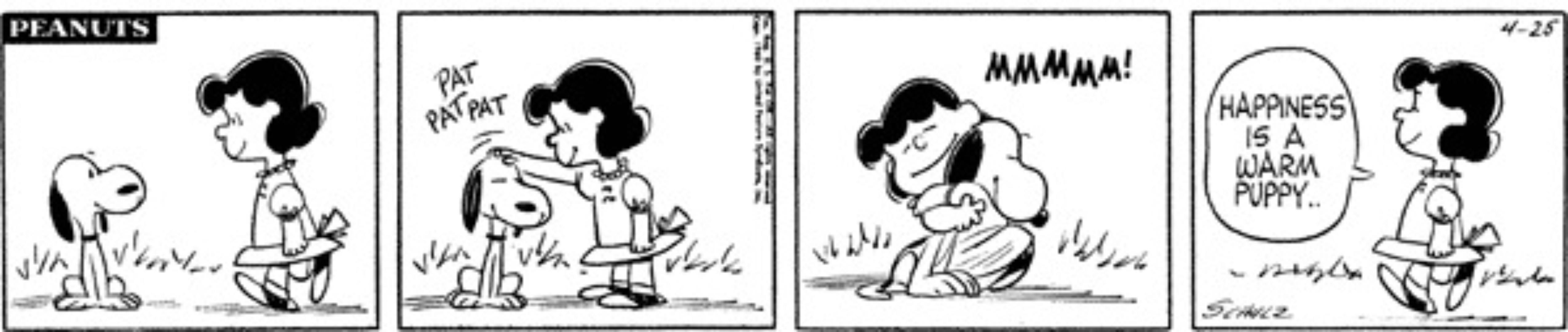 Lucy abraça Snoopy e está feliz