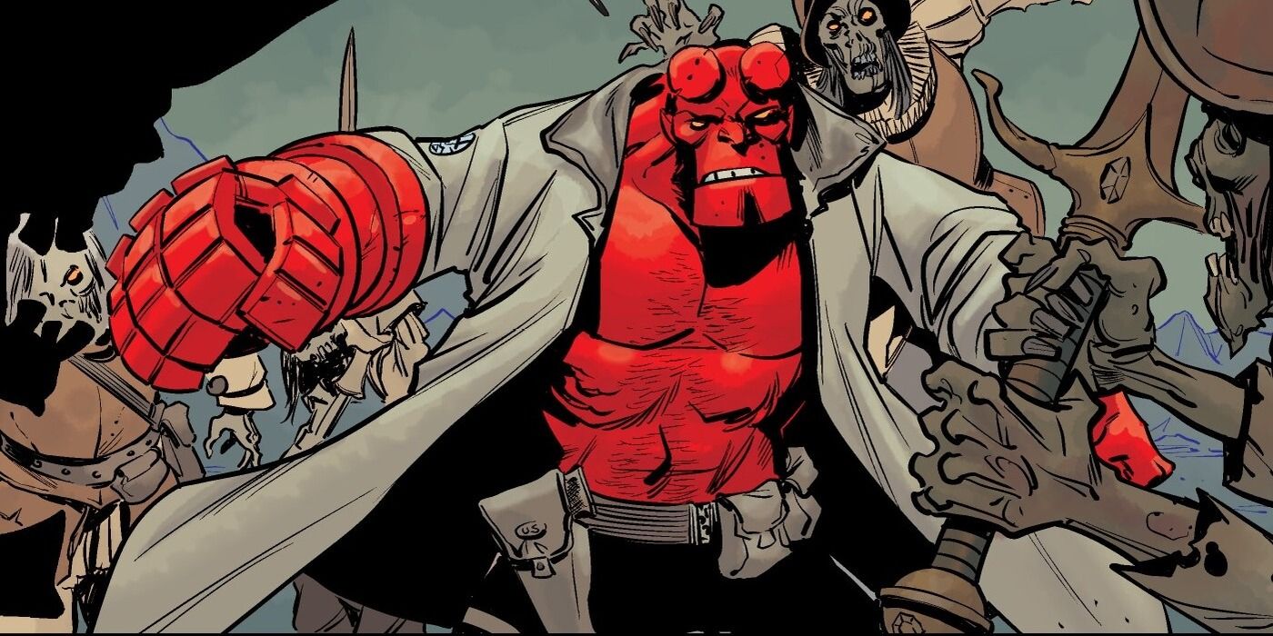 Hellboy cercado por conquistadores mortos-vivos.