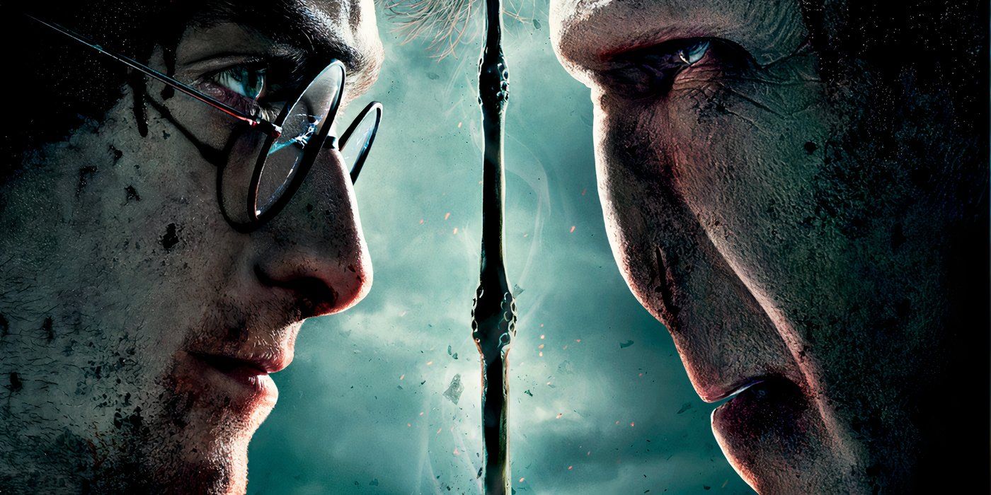 Harry Potter e Lord Voldemort se enfrentam na batalha final em Harry Potter e as Relíquias da Morte Parte 2.