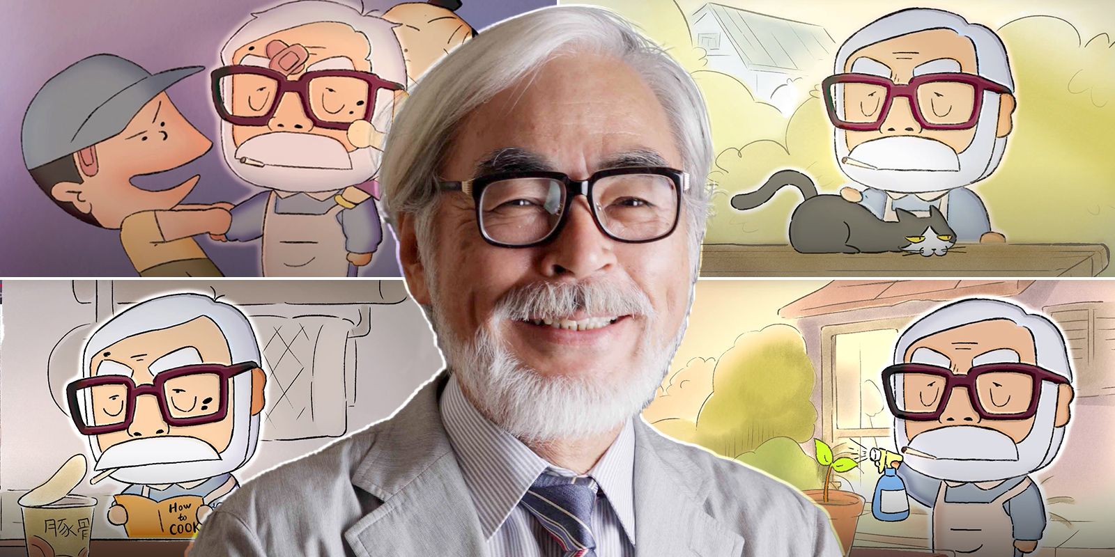 Studio Ghibli's Hayao Miyazaki smiling with cartoon retired version from short film