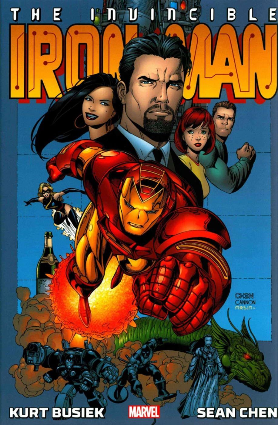 Tapa de hierro de Busiek Chen que muestra al Iron Man volando hacia la pantalla mientras su yeso está en el fondo.