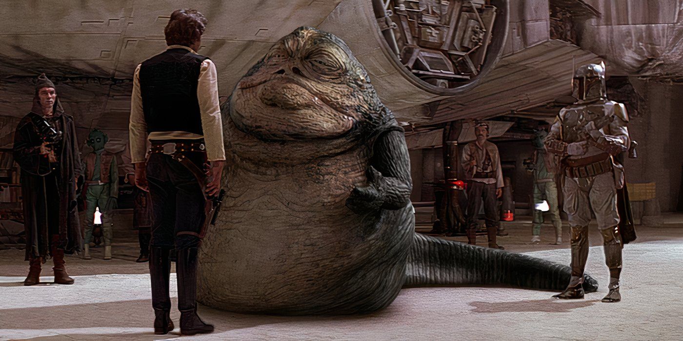 Han confronta Jabba the Hutt perto de sua nave em Star Wars.