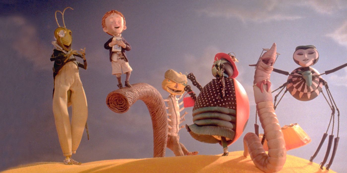 James, Mr. Grasshopper, Mr. Centipede, Mrs. Ladybug, Miss Spider and Mr. Earthworm from James and The Giant Peach