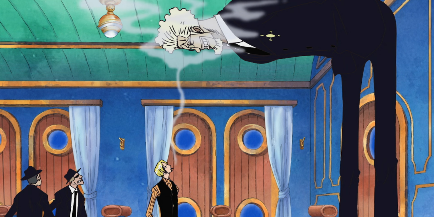 Jerry se inclina enquanto fala com Sanji a bordo do trem marítimo em direção ao lobby de Enies na água de uma peça sete arco.