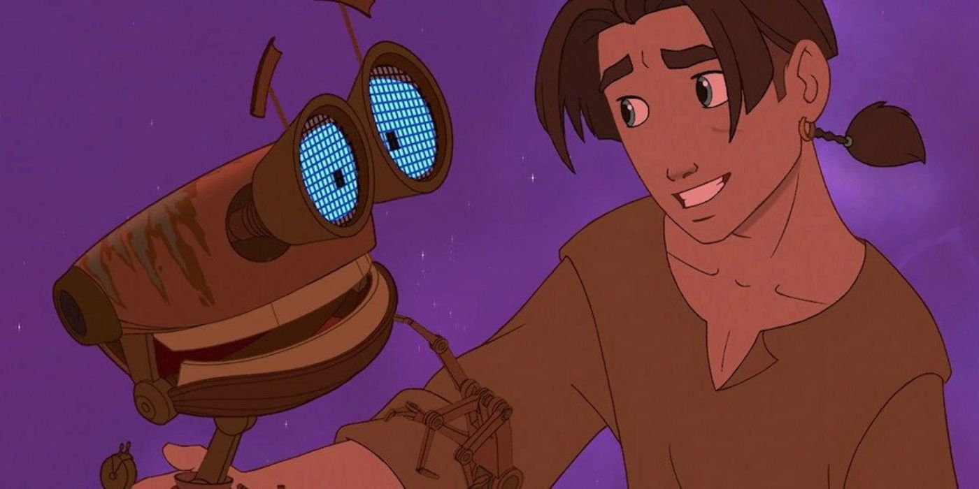 Jim Hawkins está sorrindo enquanto conversa com um confuso BEN em Treasure Planet.