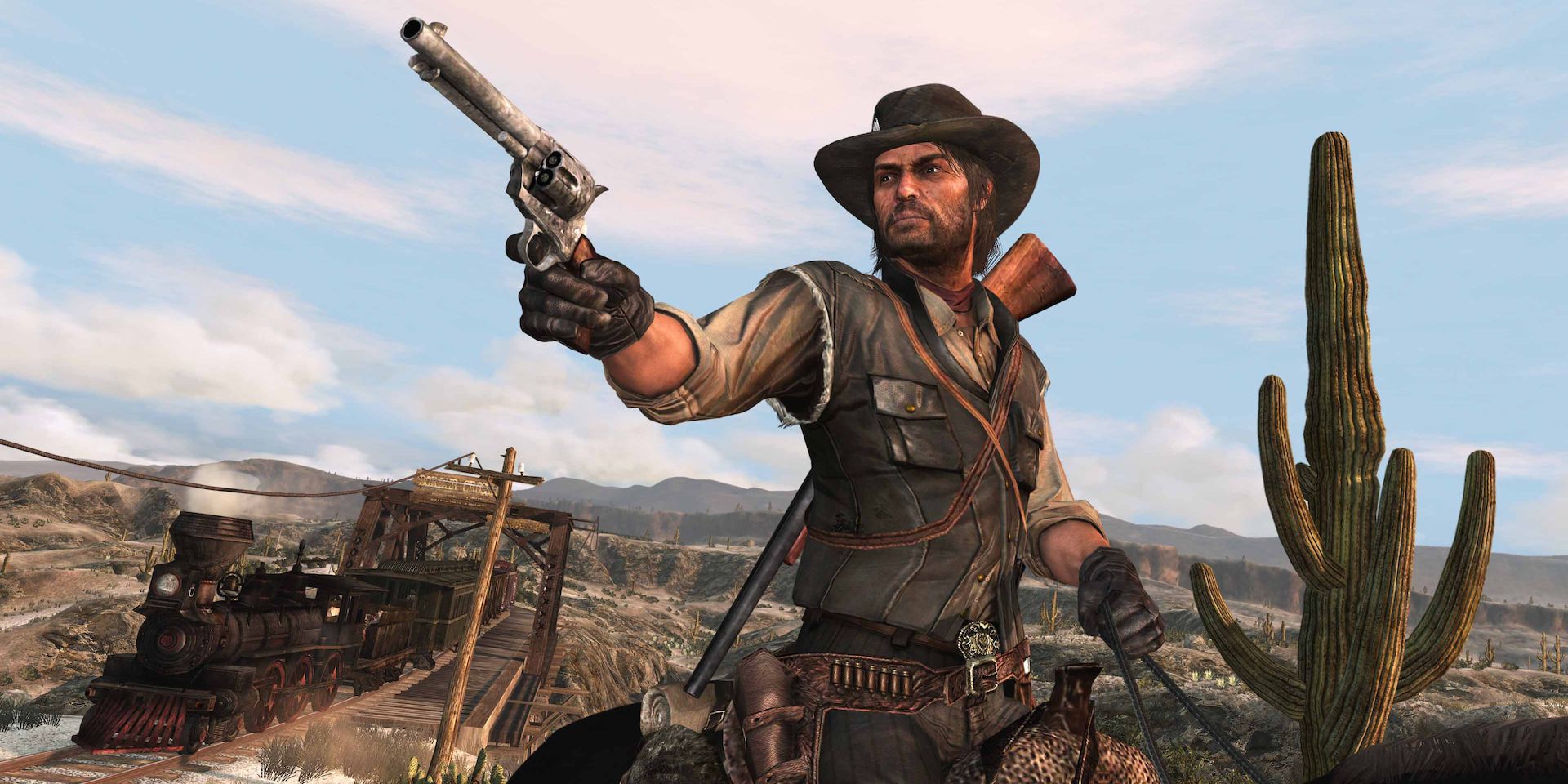 John Marston segurando seu Cattleman Revolver enquanto estava a cavalo em Red Dead Redemption