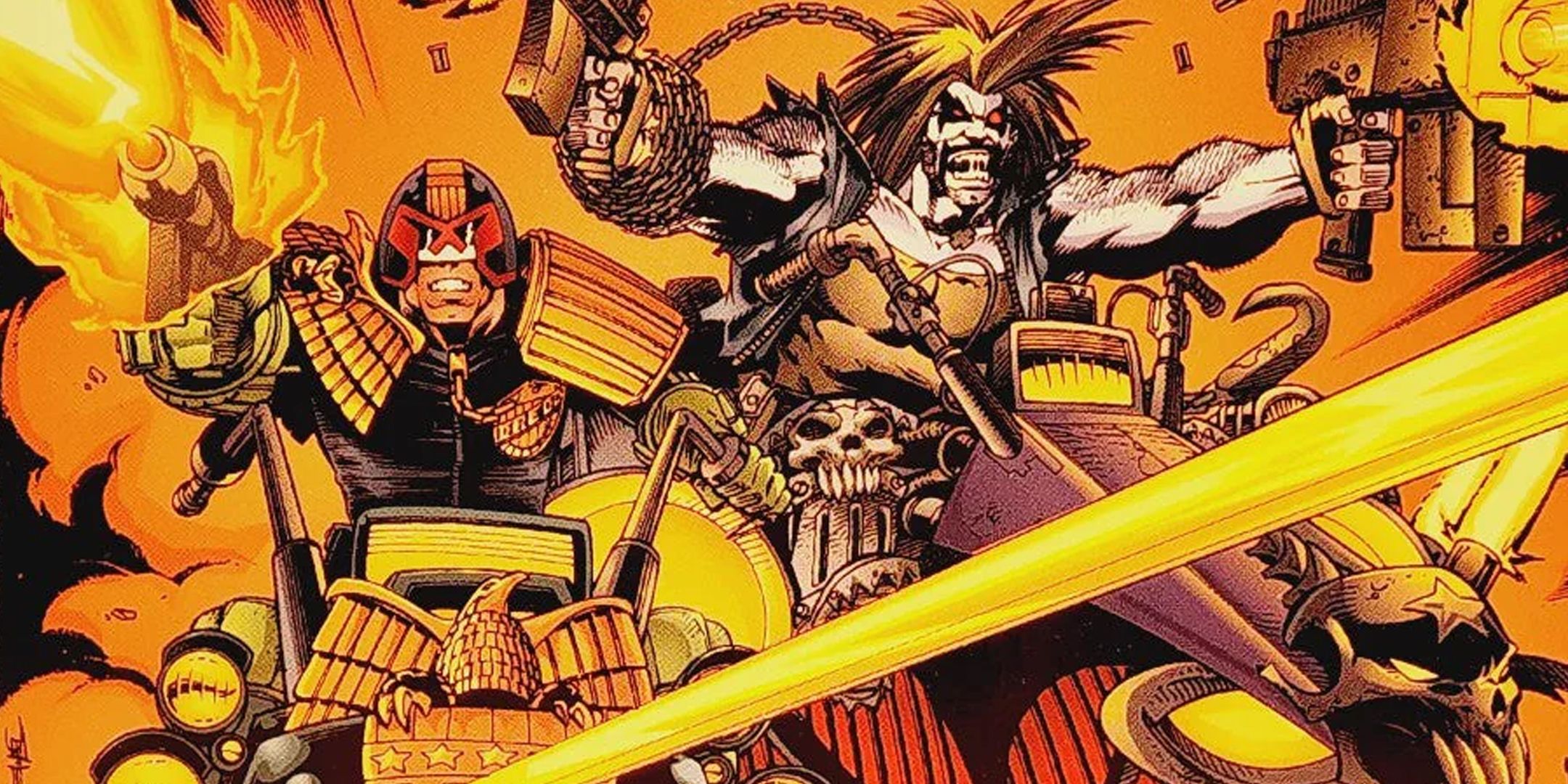 Juiz Dredd e Lobo disparando suas armas