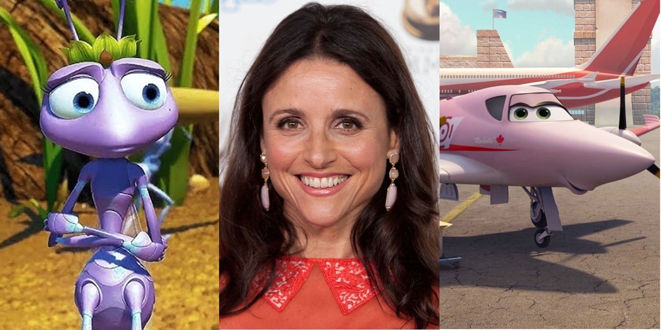 Julia Louis-Dreyfus na frente de seus filmes da Disney