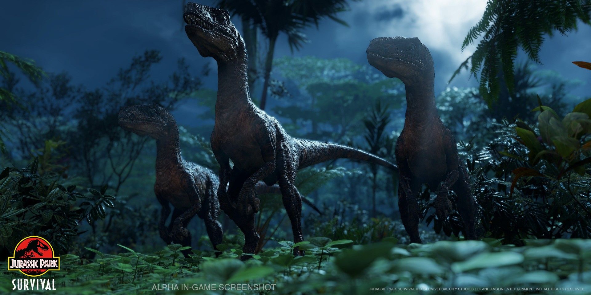 Velociraptores na grama à noite em Jurassic Park: Survival