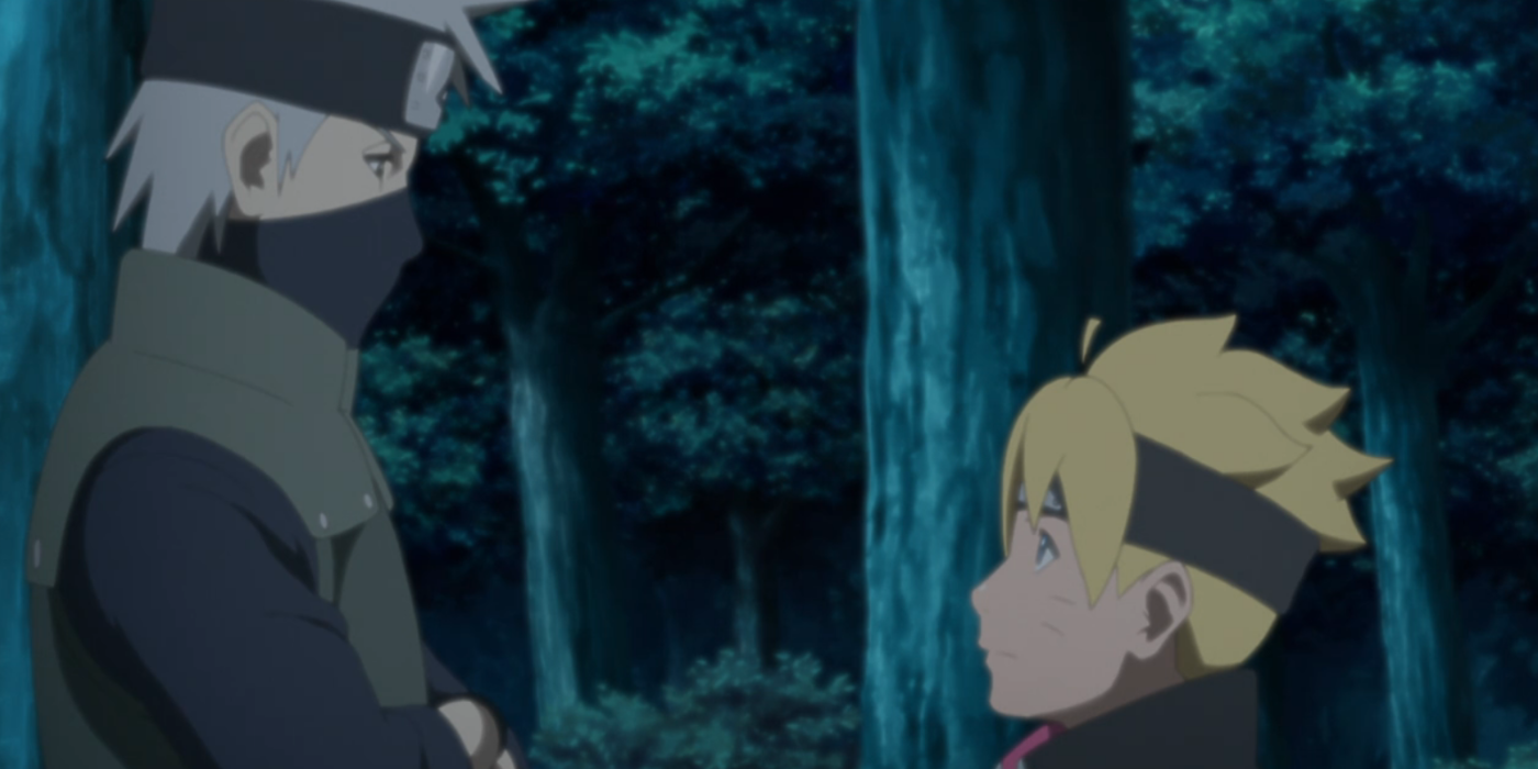 Kakashi Hatake and Boruto Uzumaki talk in a dark forest in Boruto: Naruto the Next Generations.