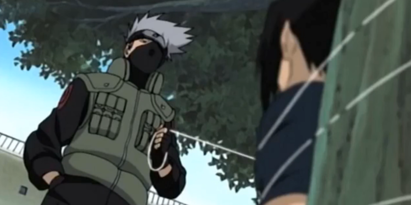 Kakashi Hatake talks to a tied up Sasuke Uchiha in Naruto.