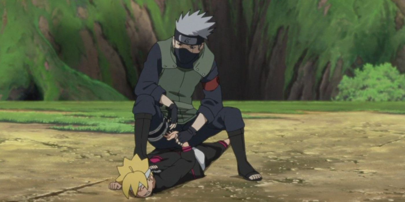 Kakashi Hatake slashes Boruto Uzumaki's arm behind his back while trying to teach him Resolve in Boruto: Naruto Next Generation.