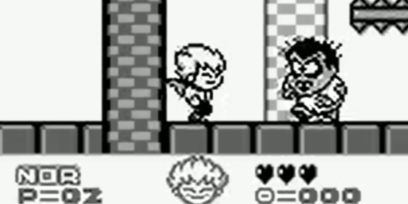 O protagonista titular caminhando em direção ao monstro em Kid Dracula para Game Boy.