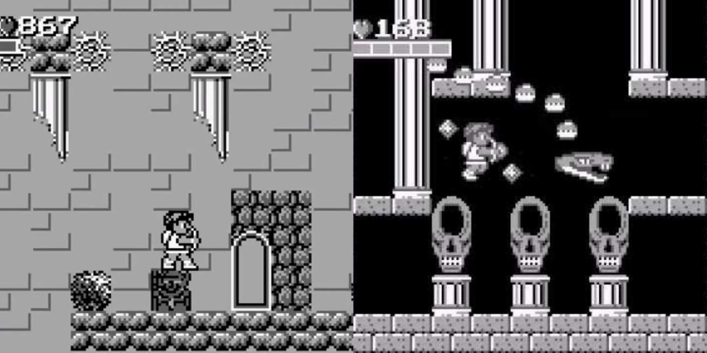 Uma imagem dividida de Pit navegando pelos níveis e lutando contra criaturas cobras em Kid Icarus: Of Myths and Monsters.