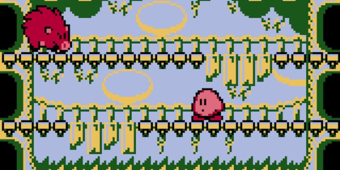 Kirby, Kirby's Dream Land 2'de domuz düşmanına yaklaşıyor.