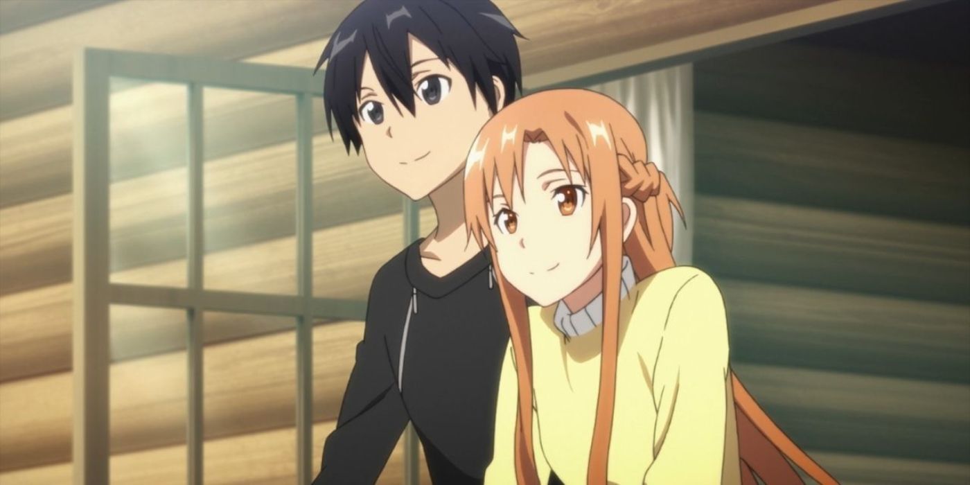 Kirito and Asuna are smiling as they look out into the distance from their new house in Sword Art Online.