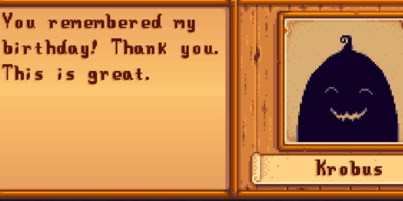 Krobus feliz porque o jogador se lembrou de seu aniversário em Stardew Valley.