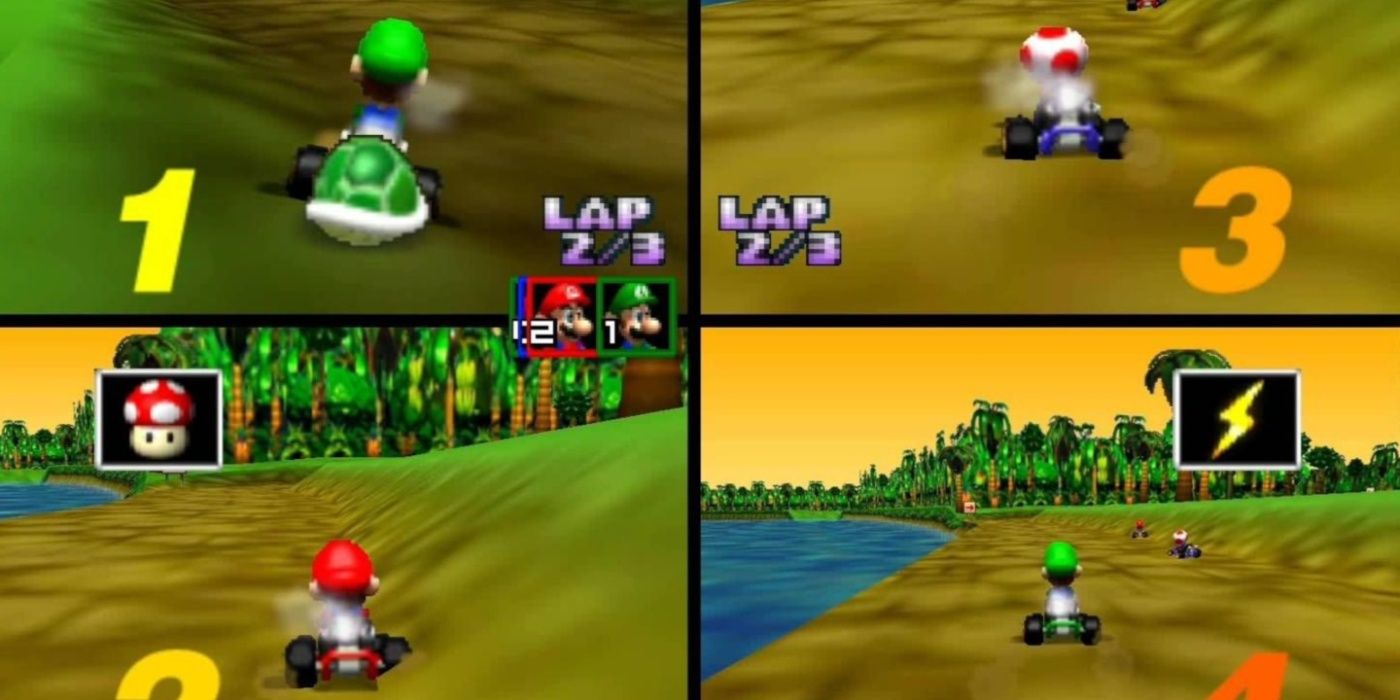 La imagen muestra una pantalla dividida Mario Kart 64 entre cuatro jugadores, incluidos dos jugadores de Luigi, un jugador de rana y un jugador de Mario.