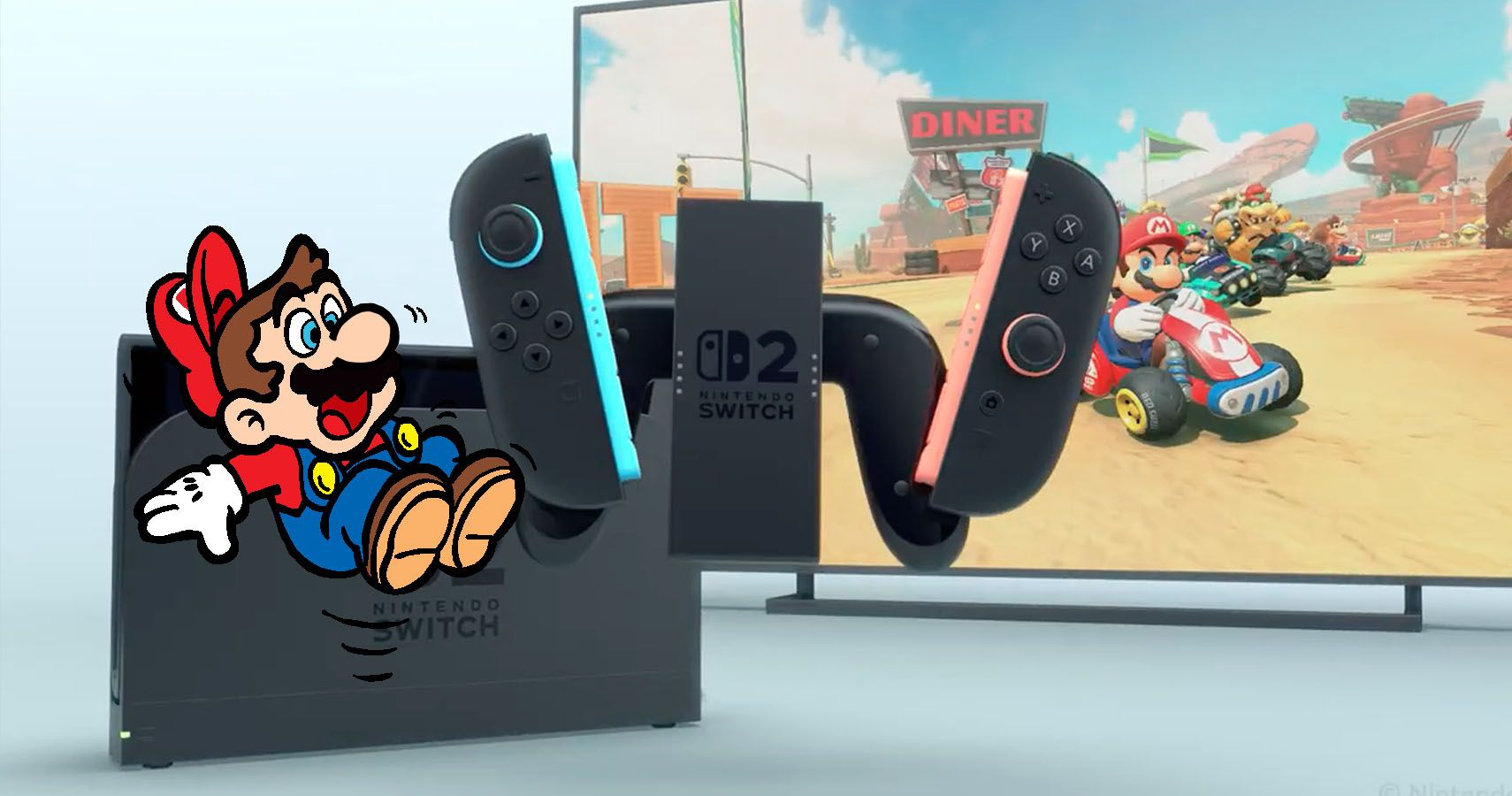 Surprised-looking Mario reacts to the Nintendo Switch 2 reveal and Mario Kart 8 on the screen behind the dock