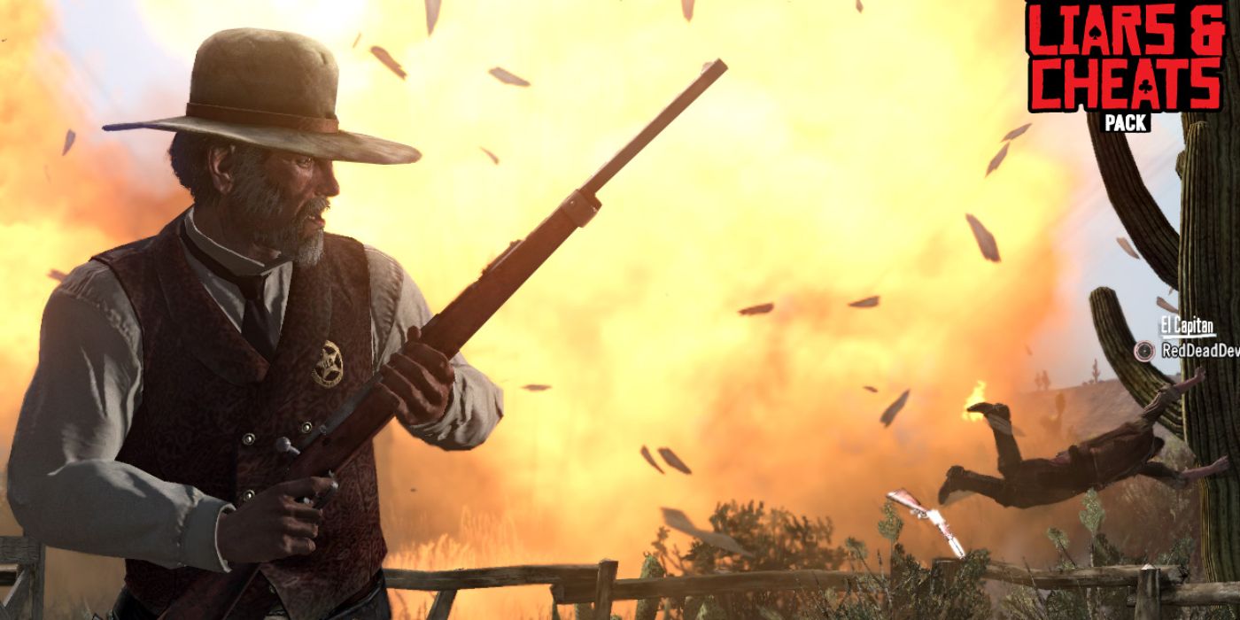 Marshall Johnson foge de uma explosão causada por seu rifle explosivo no DLC Red Dead Redemption Liars and Cheats