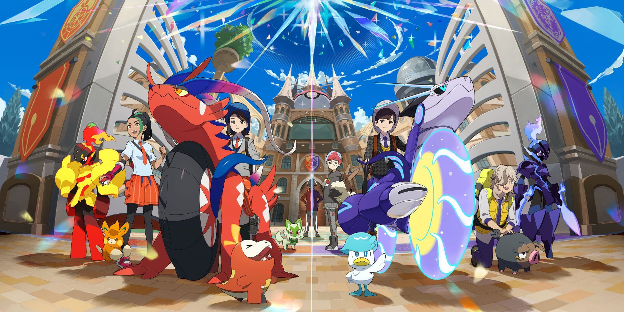 Arte dos personagens principais da Pokémon Scarlet e Violet em frente à Academia Uva e Naranja com seus Pokémon