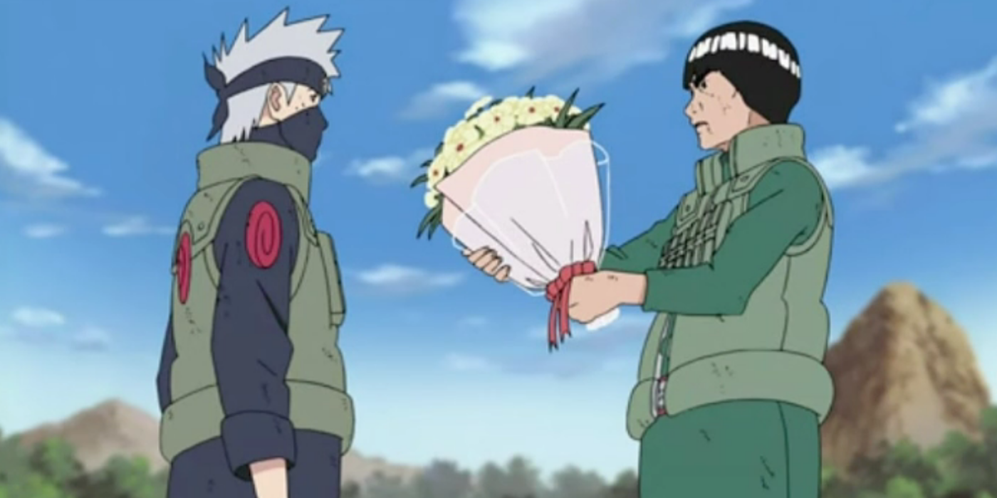 Might Guy gives Kakashi Hatake flowers to congratulate Kakashi on becoming Hokage in Naruto: Shippuden.