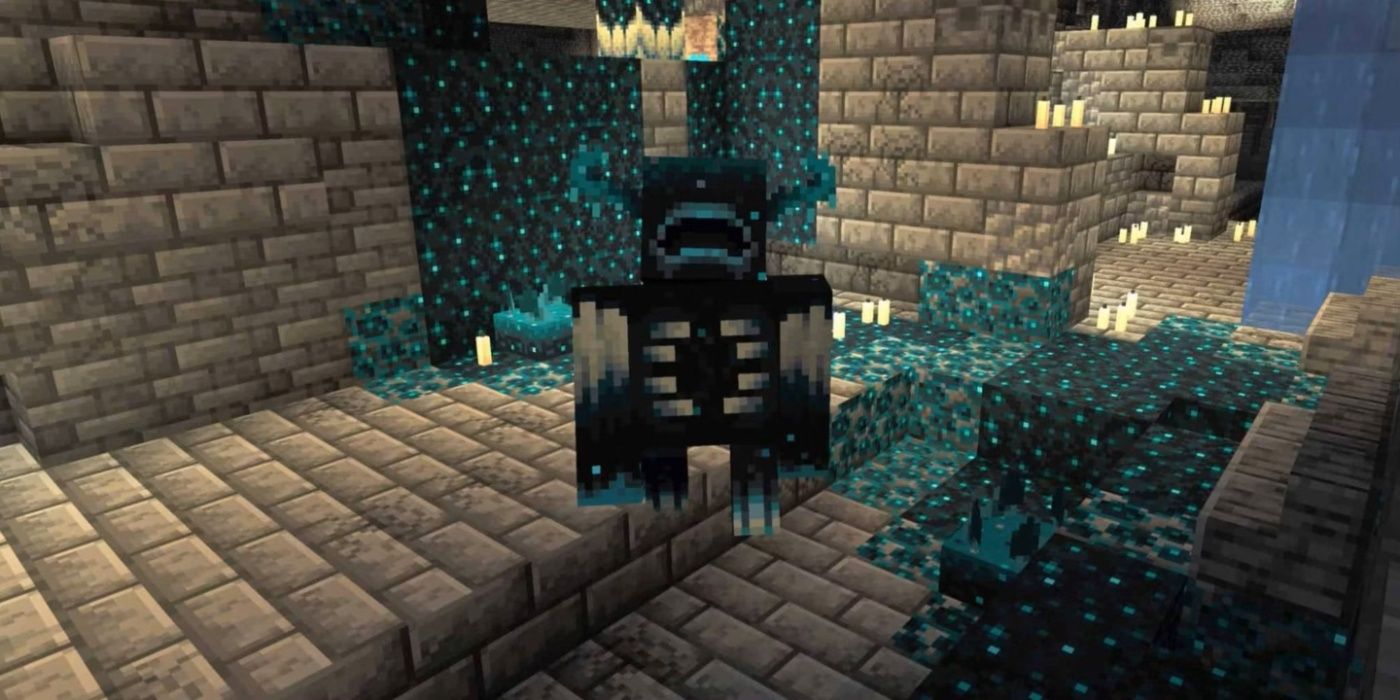 Um Warden no Minecraft se aproximando do jogador.