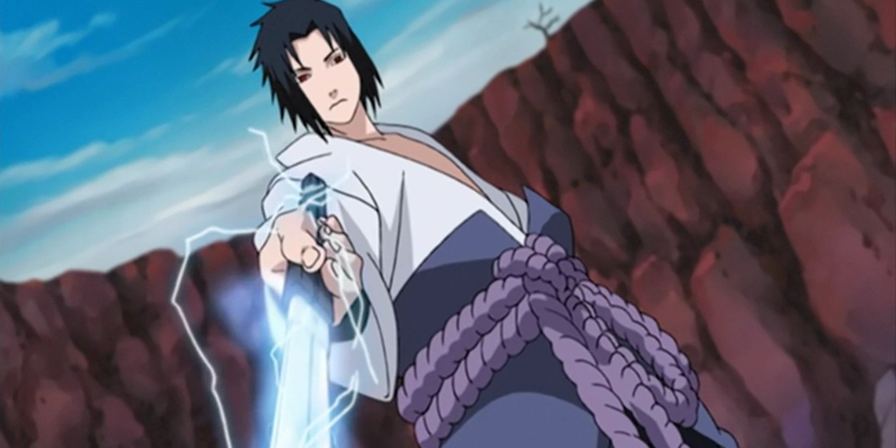 Sasuke Uchiha uses Lightning Release on his sword and points it Naruto in Naruto Shippuden.