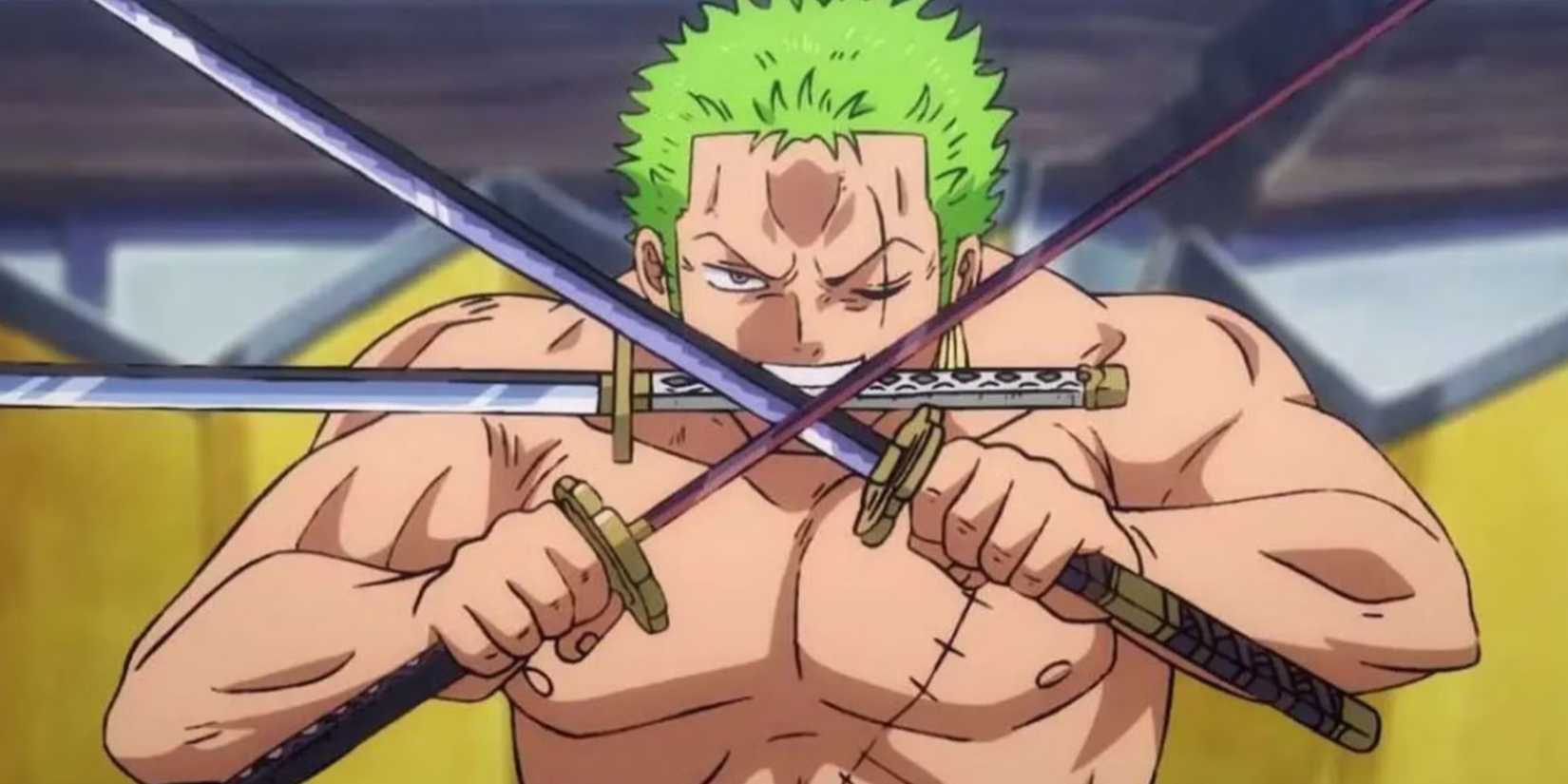 Roronoa Zoro uses his Three-Sword Style against the Beast Pirates during One Piece's Wano Country arc.