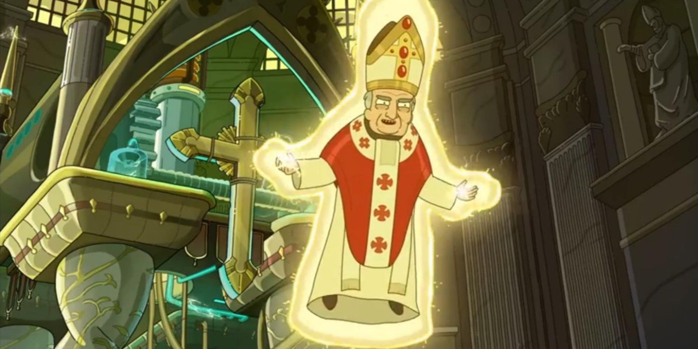 O Papa flutuando ameaçadoramente em Rick e Morty