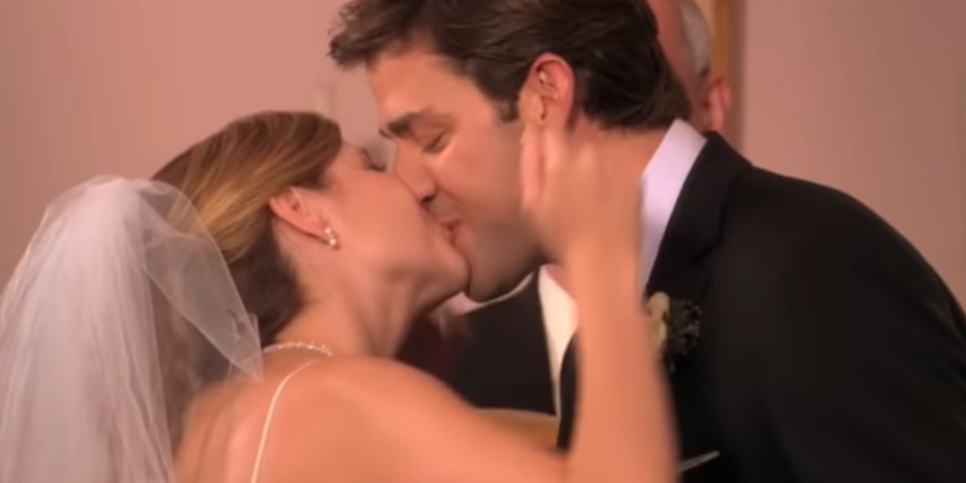 Jim and Pam kiss at their wedding in The Office