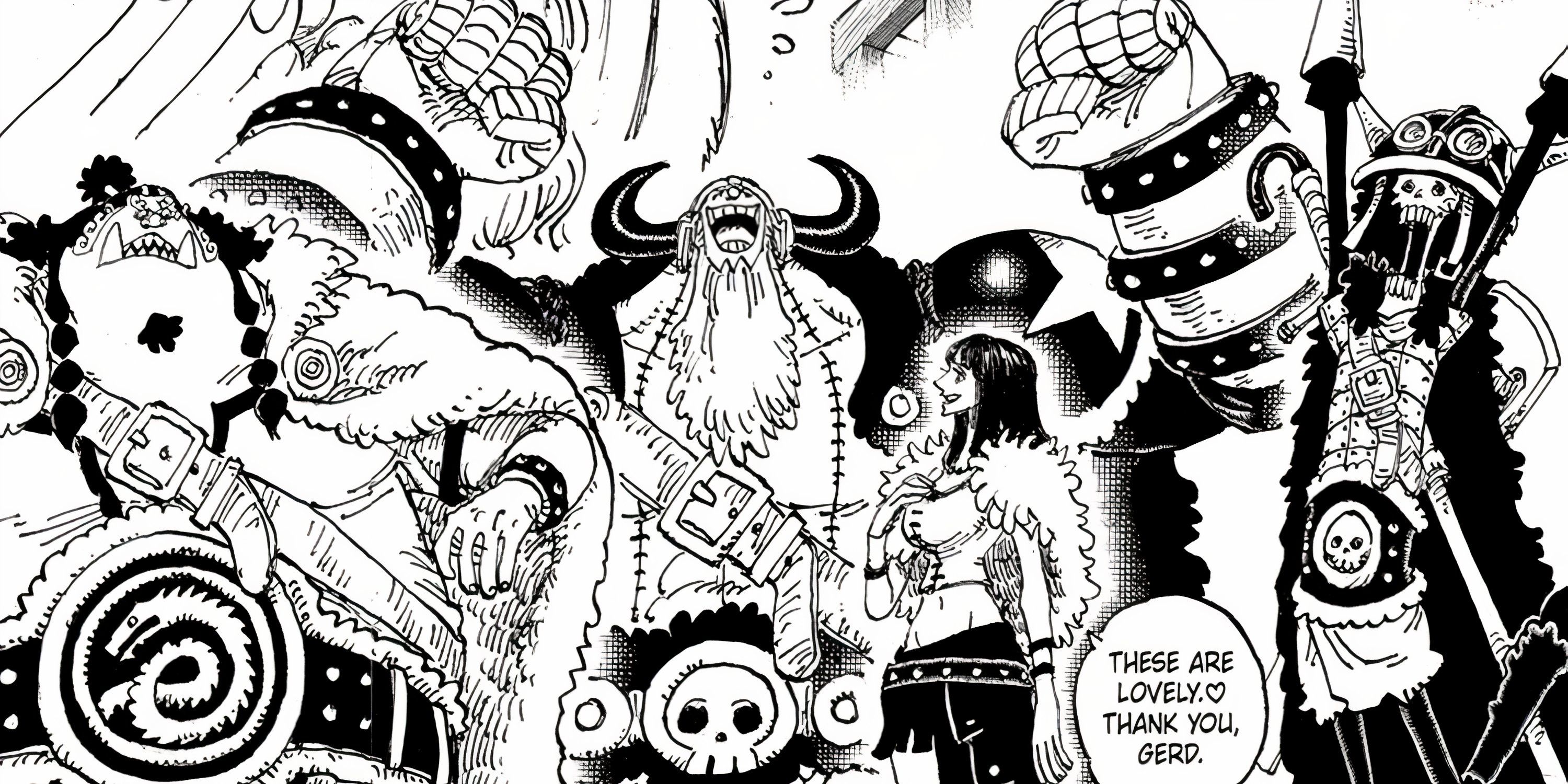 Jinbe, Franky, Nico Robin e Brook comemoram em suas roupas de Elbaf durante uma peça Capítulo 1136