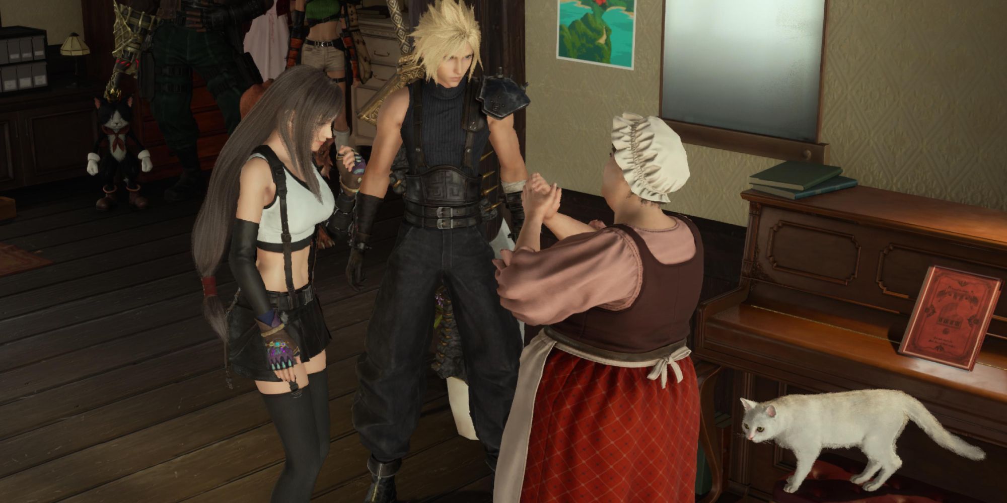 Cloud e Tifa conversam com uma mulher com um gato branco em uma cadeira de piano na missão paralela de Final Fantasy VII Rebirth "My White Haired Angel"