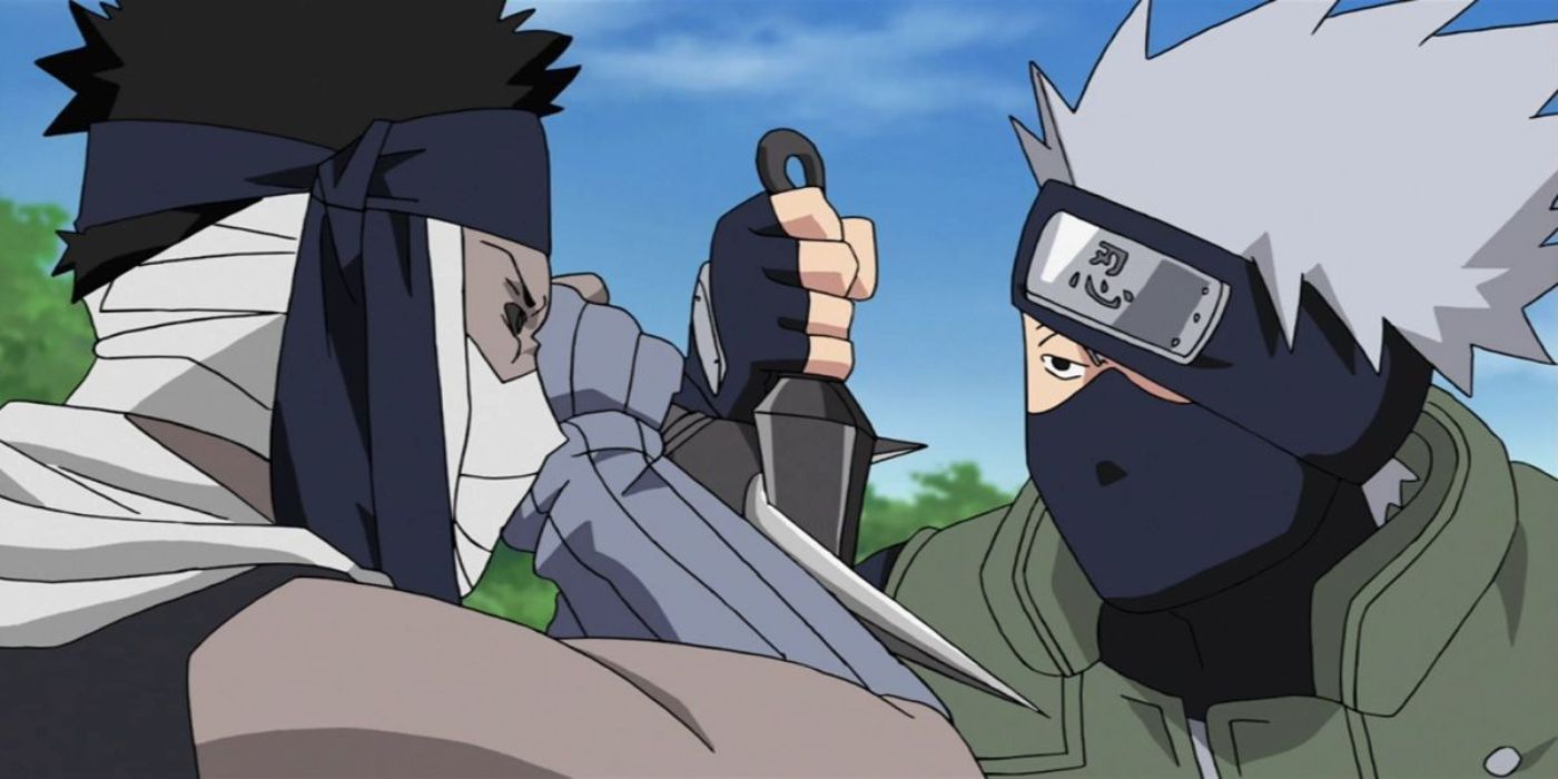 Kakashi Hatake fights against a reanimated Zabuza in Naruto: Shippuden.