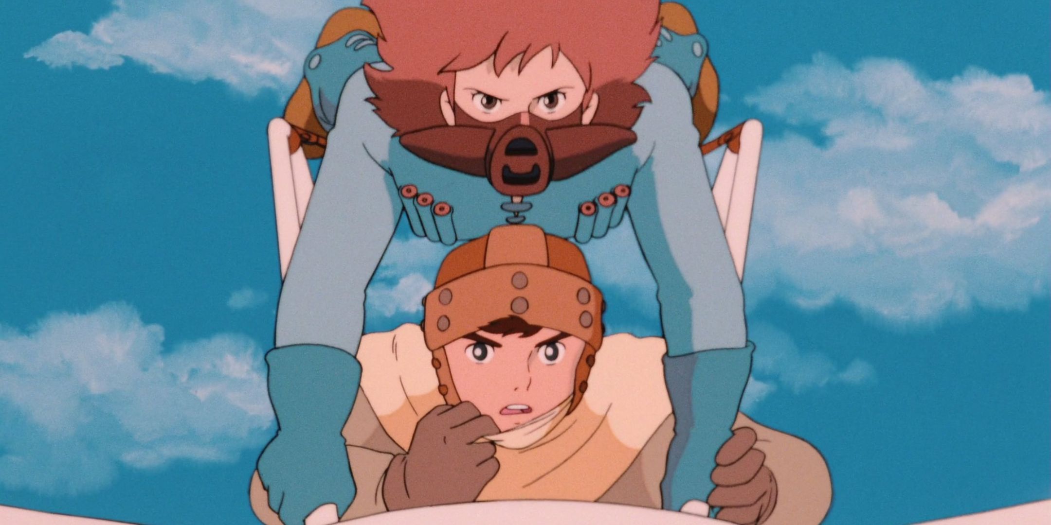 A straight on view of Nausicaa and Asbel flying on the air glider from Nausicaa of the Valley of the Wind