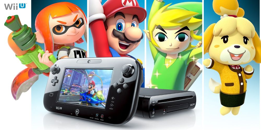 A black Wii U playing Mario Kart 8 with art of the girl Inkling from Splatoon, Mario, Toon Link from The Legend of Zelda: Wind Waker, and Isabelle from Animal Crossing.