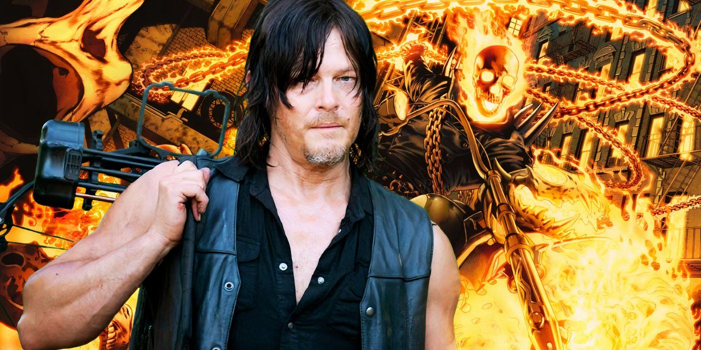 Norman Reedus as Daryl Doxon in front of an image of Marvel's Ghost Rider.