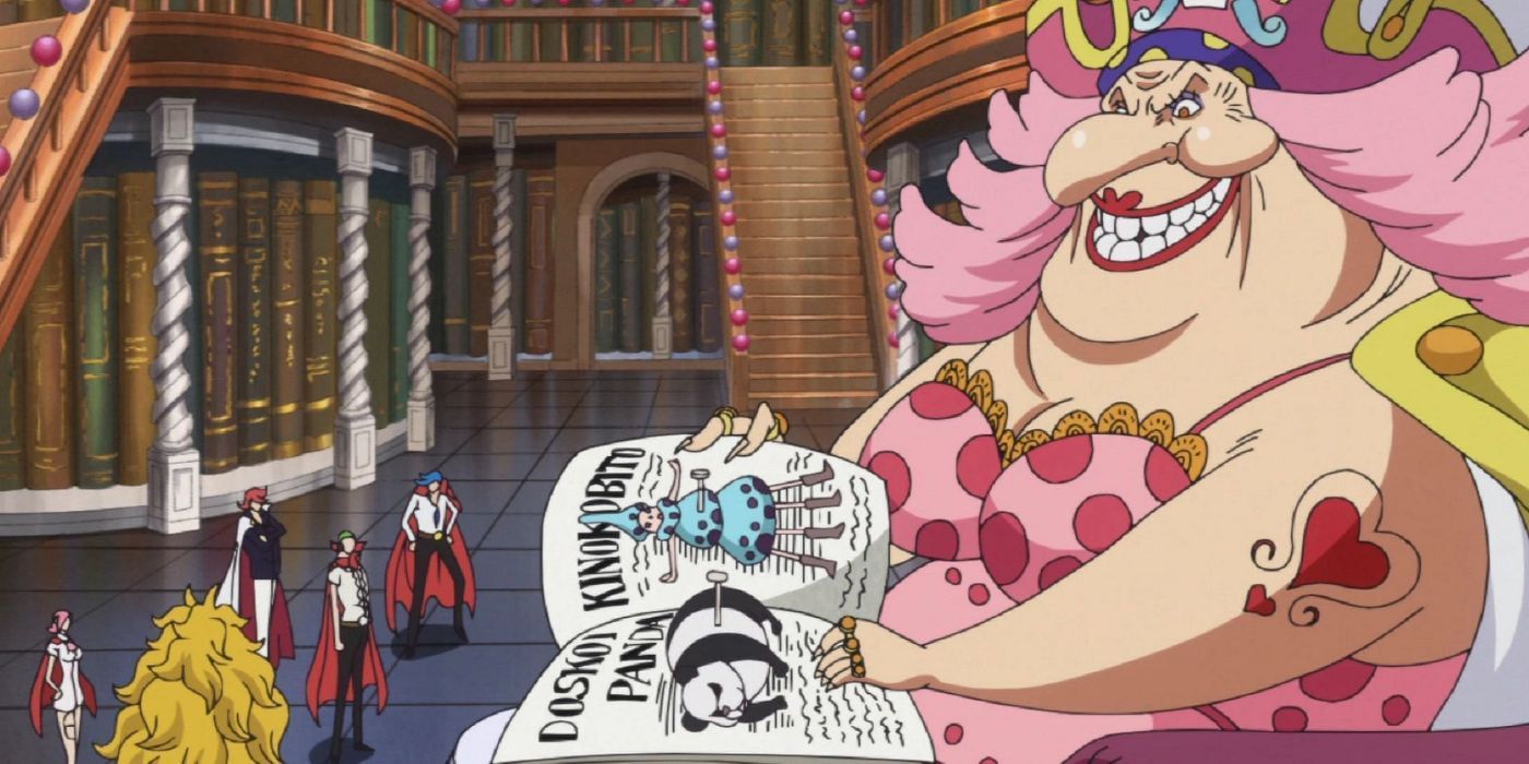 Big Mom mostra sua coleção de espécies raras para a família Vinsmoke, incluindo um panda doskoi e um Kinokobito.